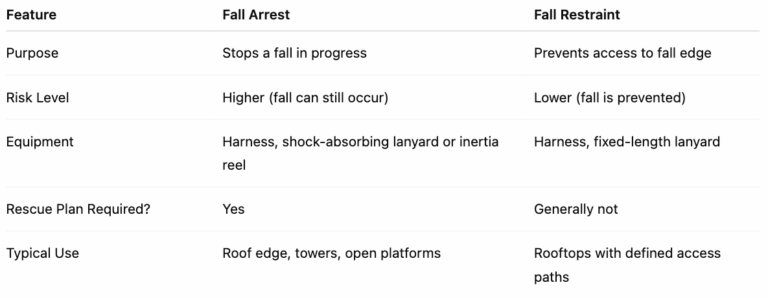 Comparison Table of Fall Arrest and Fall Restraint Systems